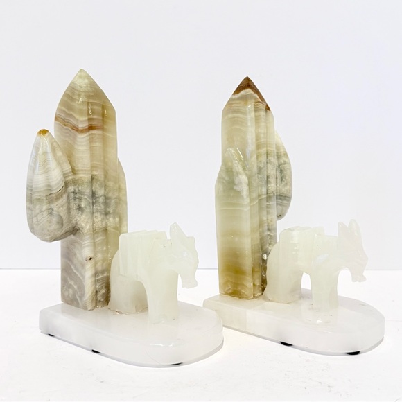 Vintage Pair Hand-Carved Banded Onyx Burro & Saguaro Cactus Bookends 7.5”